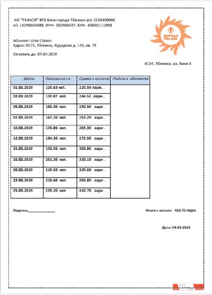Georgia Telasi utility bill